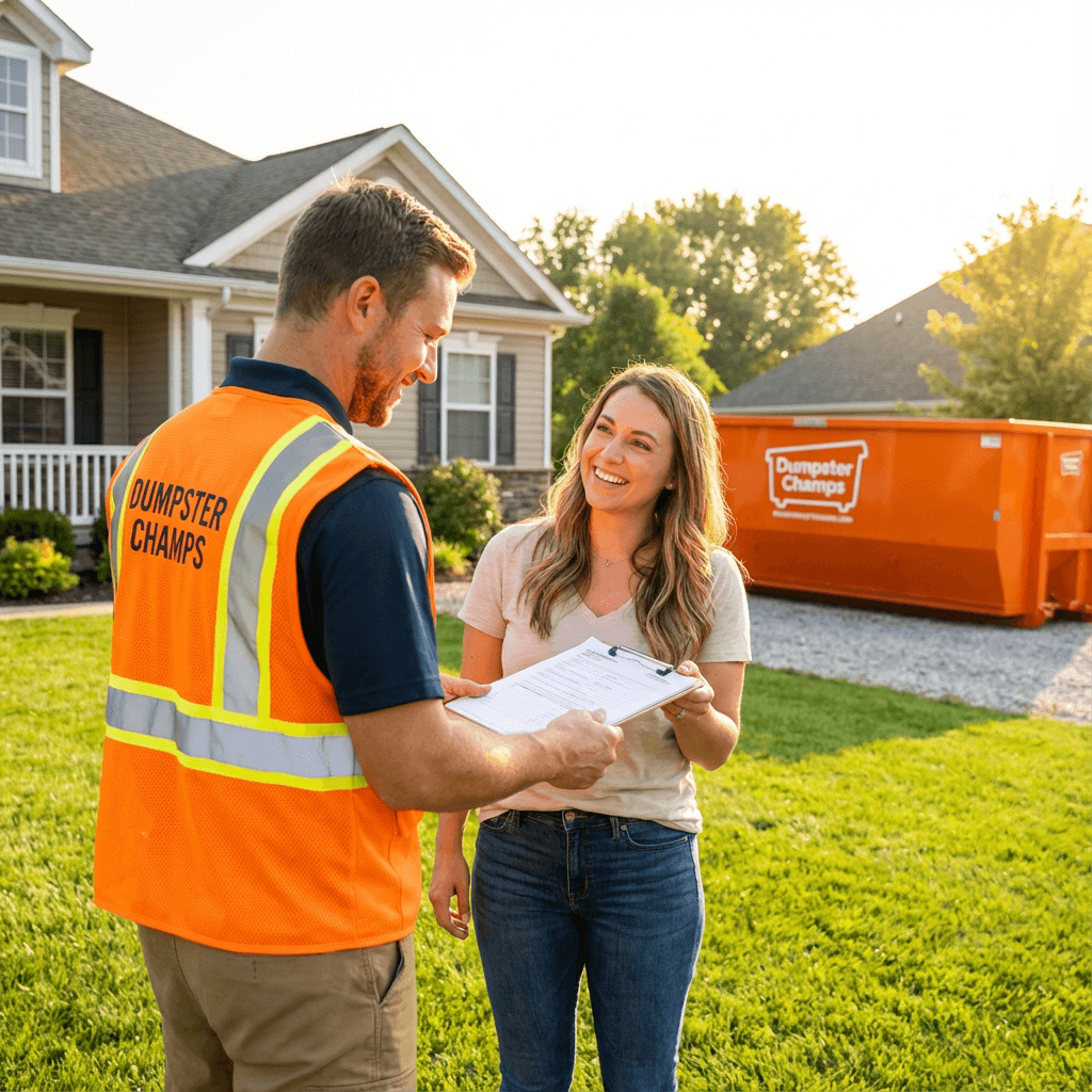 Dumpster being delivered to a residential driveway with homeowner watching