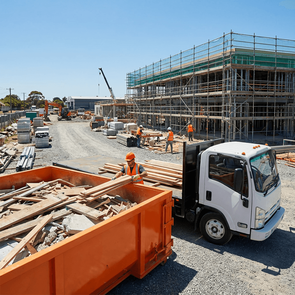 Construction dumpster rental at job site with construction debris