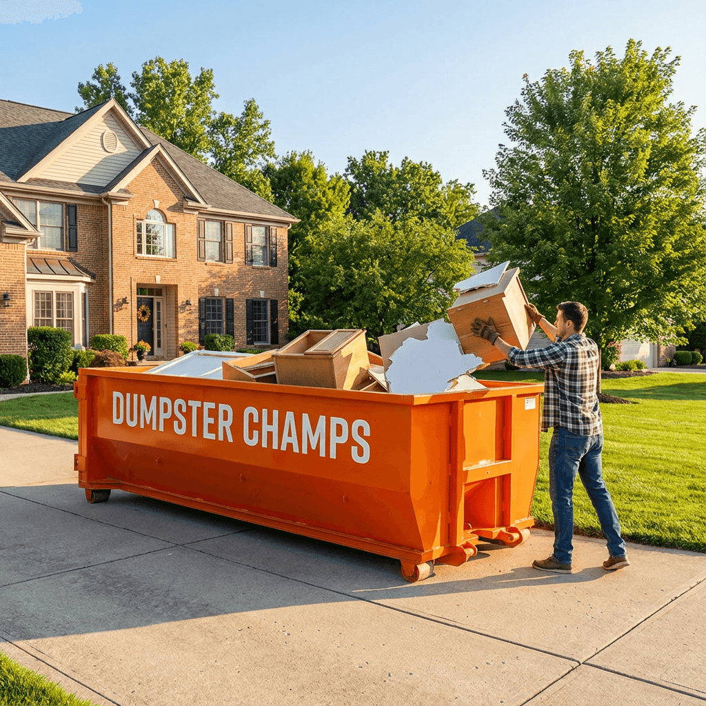 Residential dumpster rental in driveway for home cleanout project