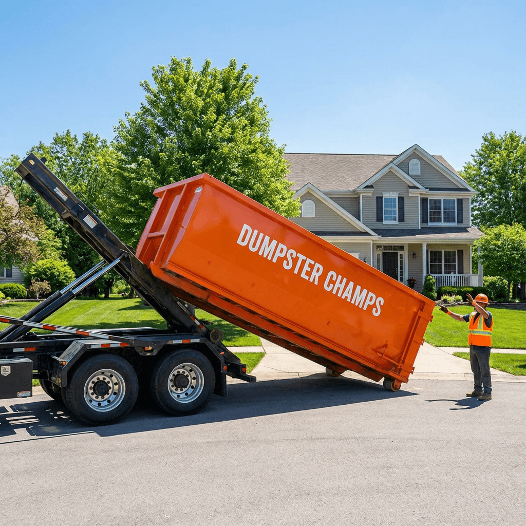 Roll off dumpster being delivered to residential driveway